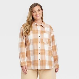 Oversized Flannel Long Sleeve Collared Button-Down Shirt - Brown Plaid 2X